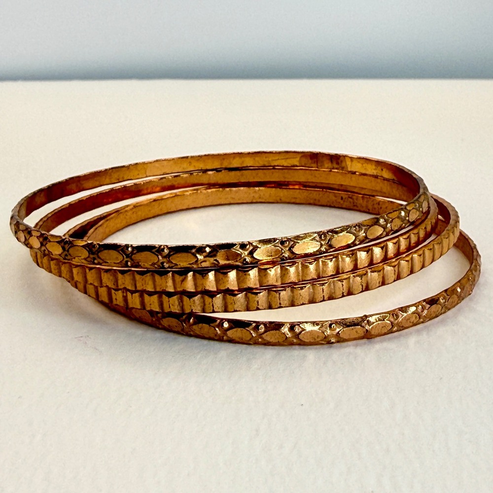 Vintage‎ Copper Textured Bangle Bracelet Set Stackable Scalloped 4 Piece 8 Inch